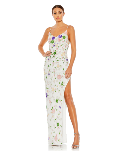 Shop Mac Duggal Embellished Lace Sleeveless V Neck Gown In White Multi