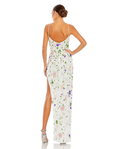 Shop Mac Duggal Embellished Lace Sleeveless V Neck Gown In White Multi