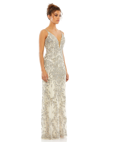 Shop Mac Duggal Embellished Leaf Evening Gown In Silver Nude