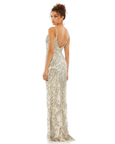 Shop Mac Duggal Embellished Leaf Evening Gown In Silver Nude
