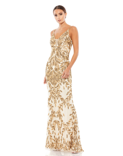 Shop Mac Duggal Embellished Leaf Evening Gown In Nude Gold