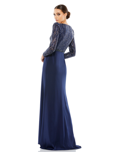 Shop Mac Duggal Embellished Long Sleeve Bodice Column Dress In Midnight