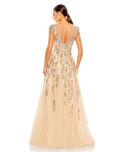 Mac Duggal Embellished Long Sleeve Drop Shoulder A Line Gown In Nude