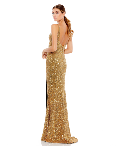 Shop Ieena For Mac Duggal Classic Fully Sequined Sleeveless Trumpet Gown In Antique Gold