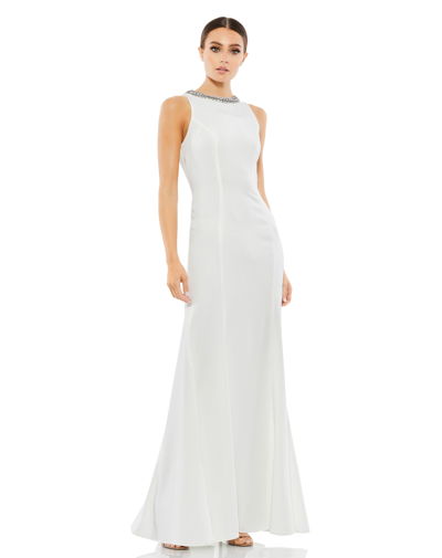 Shop Ieena For Mac Duggal Embellished Neck Trumpet Gown In White