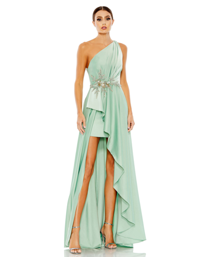 Shop Mac Duggal Embellished One Shoulder Asymmetrical Gown In Sage