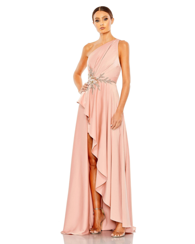 Shop Mac Duggal Embellished One Shoulder Asymmetrical Gown In Rose