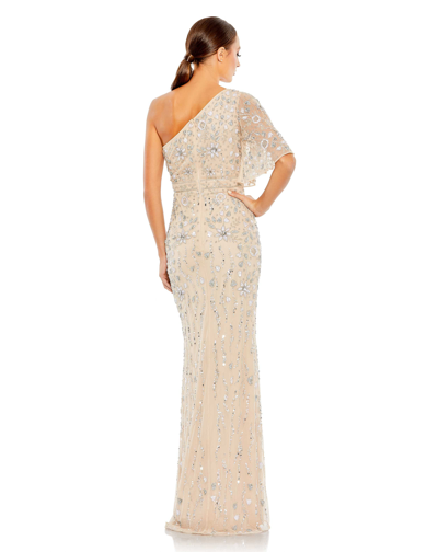 Shop Mac Duggal Embellished One Shoulder Draped Gown In Nude