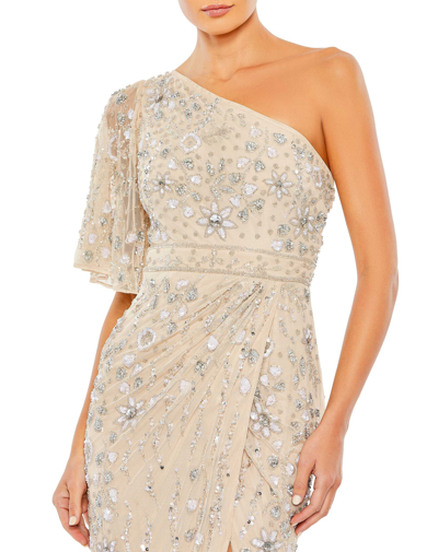 Shop Mac Duggal Embellished One Shoulder Draped Gown In Nude