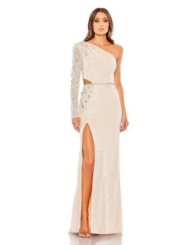 Shop Mac Duggal Embellished One Sleeve Cut Out Gown In Ivory/nude