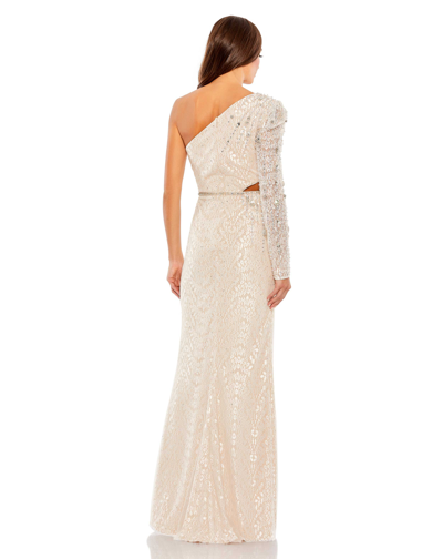 Shop Mac Duggal Embellished One Sleeve Cut Out Gown In Ivory/nude