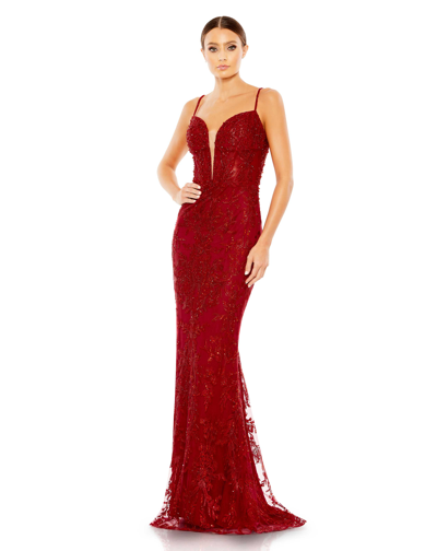 Shop Mac Duggal Embellished Plunge Neck Illusion Mermaid Gown In Red