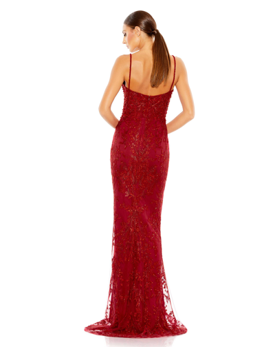 Shop Mac Duggal Embellished Plunge Neck Illusion Mermaid Gown In Red