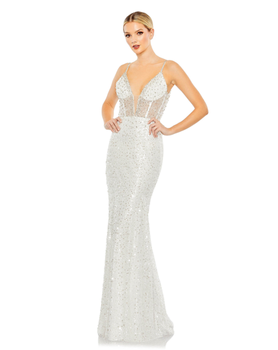 Shop Mac Duggal Embellished Plunge Neck Sleeveless Trumpet Gown In White