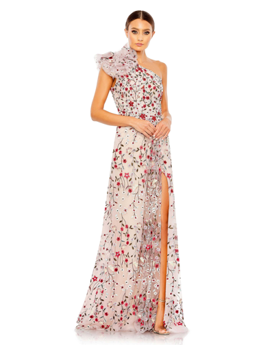 Shop Mac Duggal Embellished Ruffled One Shoulder A Line Gown In Rose Multi
