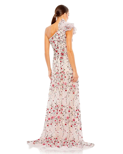 Mac Duggal Embellished Ruffled One Shoulder A Line Gown In Rose Multi