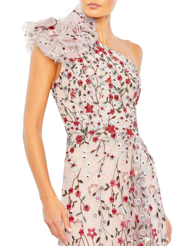 Mac Duggal Embellished Ruffled One Shoulder A Line Gown In Rose Multi