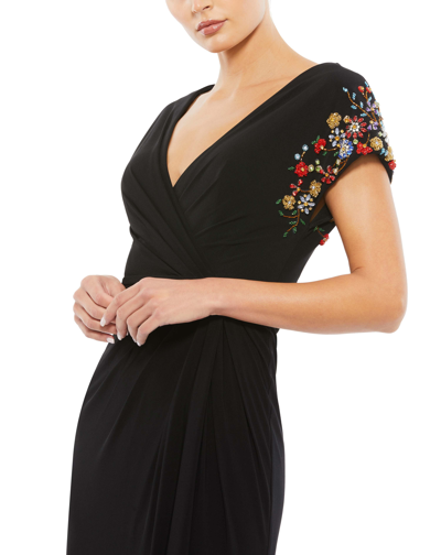 Shop Mac Duggal Embellished Sleeve Jersey Wrap Gown In Black Multi
