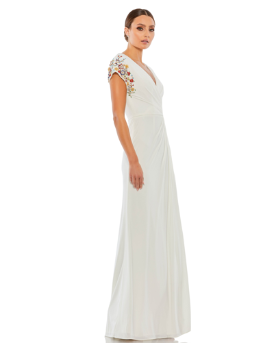 Shop Mac Duggal Embellished Sleeve Jersey Wrap Gown - Final Sale In White Multi