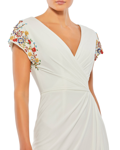Shop Mac Duggal Embellished Sleeve Jersey Wrap Gown - Final Sale In White Multi
