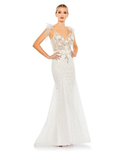 Shop Mac Duggal Embellished Sleeveless Bow Detail Mermaid Gown In White/gold