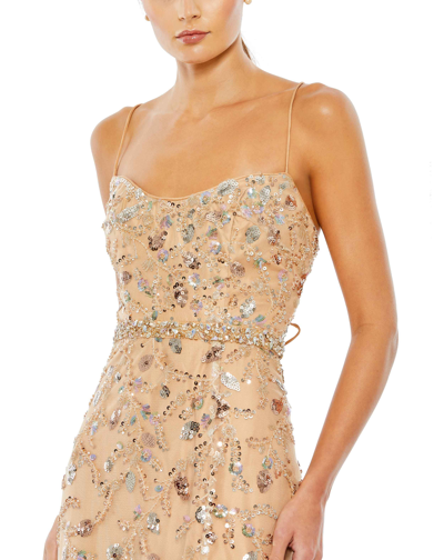 Shop Mac Duggal Embellished Sleeveless Lace Up Gown In Nude