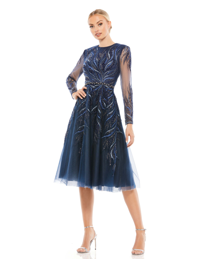 Shop Mac Duggal Embellished Tea-length Illusion Cocktail Dress In Twilight