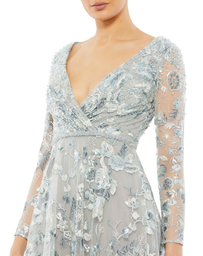Shop Mac Duggal Embellished V Neck Illusion Long Sleeve A Line Gown In Platinum