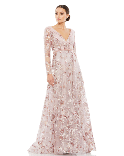 Shop Mac Duggal Embellished V Neck Illusion Long Sleeve A Line Gown In Rose