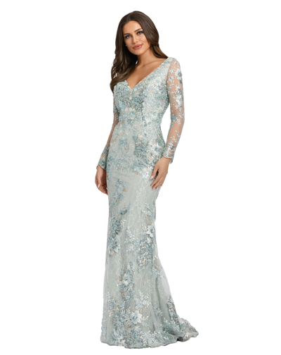 Shop Mac Duggal Embellished V Neck Illusion Long Sleeve Gown In Seamist