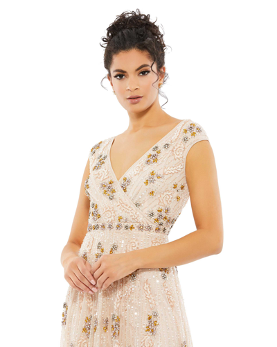 Shop Mac Duggal Embellished Wrap Over Cap Sleeve A-line Gown In Blush