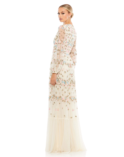 Shop Mac Duggal Embroidered Blouson Sleeve Gown In Ivory
