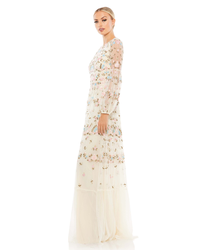 Shop Mac Duggal Embroidered Blouson Sleeve Gown In Ivory