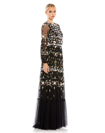Shop Mac Duggal Embroidered Blouson Sleeve Gown In Black