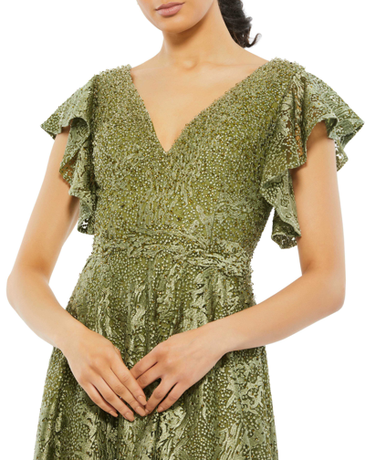 Shop Mac Duggal Embroidered Flutter Sleeve V-neck Gown In Olive