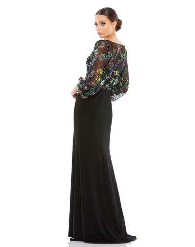 Mac Duggal Embroidered Illusion Puff Sleeve Column Gown In Black Multi