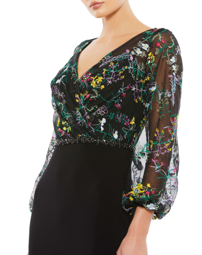 Mac Duggal Embroidered Illusion Puff Sleeve Column Gown In Black Multi