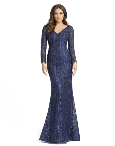 Shop Mac Duggal Embroidered Long Sleeve V Neck Trumpet Gown In Midnight