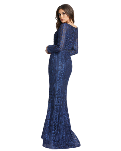 Shop Mac Duggal Embroidered Long Sleeve V Neck Trumpet Gown In Midnight