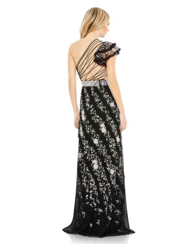 Shop Mac Duggal Embroidered Ruffled One Shoulder Lace Up Gown In Black Multi