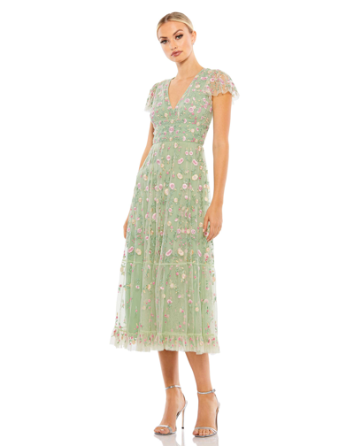 Shop Mac Duggal Embroidered V Neck Cap Sleeve Midi Dress In Sage