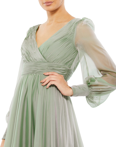 Shop Mac Duggal Faux Wrap Long Sleeve Tiered Gown In Sage