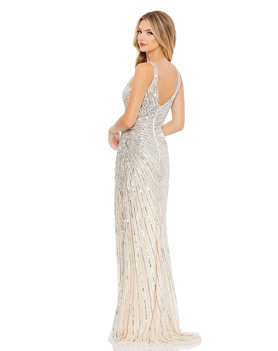 Shop Mac Duggal Faux Wrap Sequined Evening Gown In Nude/silver