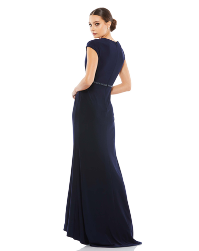 Shop Mac Duggal Faux Wrap V-neck Cap Sleeve Gown In Navy