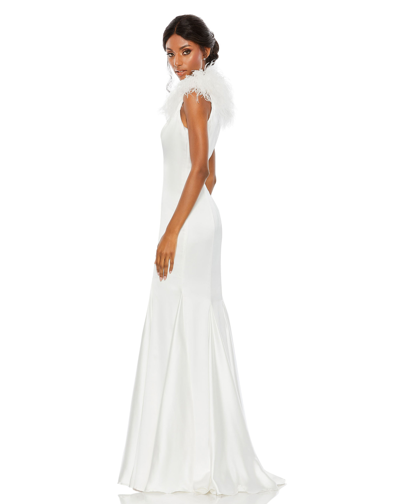 Shop Mac Duggal Feather Shoulder V-neck Column Gown In White