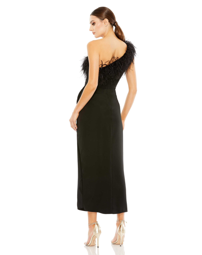 Shop Mac Duggal Feather Trim One Shoulder Draped Dress In Black