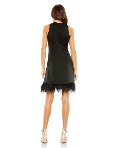 Shop Ieena For Mac Duggal Feathered Hem High Neck Sleeveless A Line Dress In Black