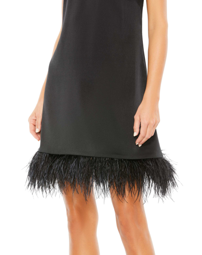 Shop Ieena For Mac Duggal Feathered Hem High Neck Sleeveless A Line Dress In Black