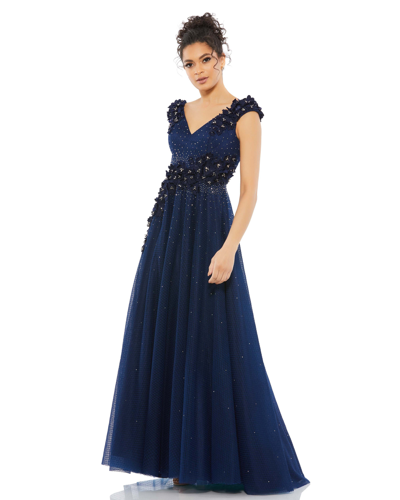 Shop Mac Duggal Floral Applique A-line Evening Gown In Midnight