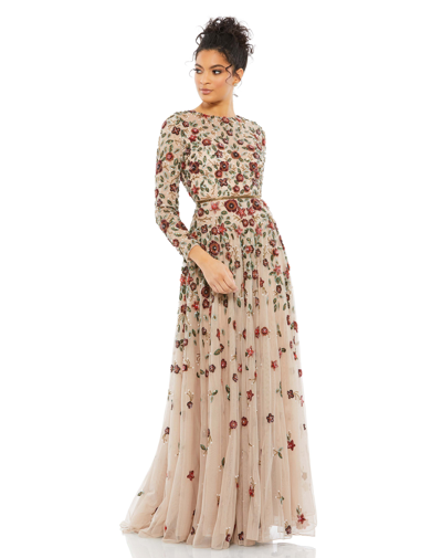 Shop Mac Duggal Floral Appliqué Long Sleeve Illusion Gown In Antique Rose